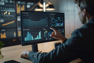 Poster - A man is pointing at a computer monitor displaying graphs and charts