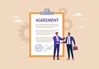 Fototapete - Business agreement concept. Vector illustration in flat style of two men in business suits shaking hands with a signed document in the background.
