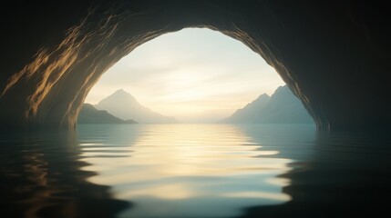 Wall Mural - A cave with a large opening and a beautiful view of the mountains and the water