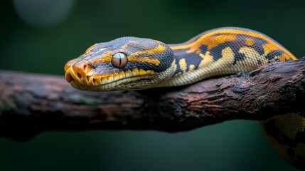 A reticulated python from Borneo is resting on a branch.