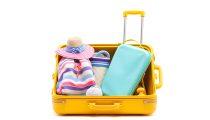 Wall Mural - Yellow suitcase packed and ready for summer vacation 3D Rendering isolated with white highlights, png