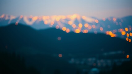 Canvas Print - Bokeh lights over a mountain range at dusk.