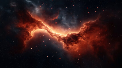 Canvas Print - A stunning image of a vibrant red and orange nebula in space, surrounded by numerous stars. The nebula appears dense and illuminated against the dark backdrop of outer space.