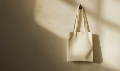 Sticker - White tote bag hanging on wall.