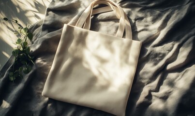 Wall Mural - White tote bag on grey fabric with light.