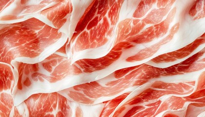 A mouthwatering close-up of prosciutto slices, their folds and textures creating a visually pleasing pattern.