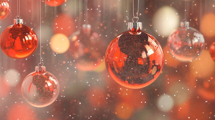 Festive red Christmas ornaments with glitter and sparkling lights in a bokeh background