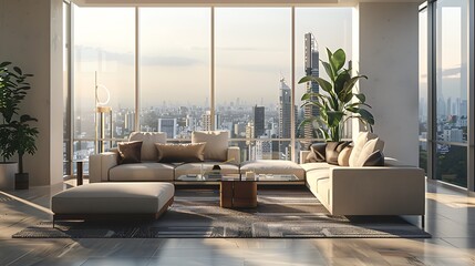 A detailed 3D render of a modern living room interior featuring sleek furniture, a minimalist design, and large windows with a view, capturing every aspect of the scene with realistic lighting