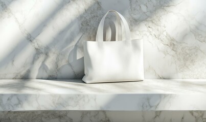 Sticker - White tote bag on a marble shelf.