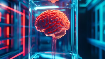 Poster - A glowing brain is suspended in a glass container, radiating under vibrant neon lights. The setup creates an intriguing atmosphere resonating with futuristic themes