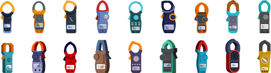 Poster - Clamp meter icons set. Collection of clamp meters showing different measurement values, electrical measurement tool icons set