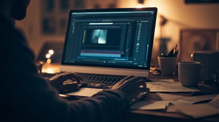 Poster - The content creator engages in focused work at a dim desk, illuminated by the laptop screen, surrounded by notes and a coffee cup
