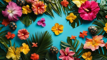 Poster - A vibrant display of tropical flowers and lush palm leaves fills a tabletop, showcasing shades of pink, yellow, and green that create a lively atmosphere