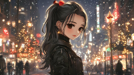 Anime Girl Enjoys Snowy City Walk with Festive Lights