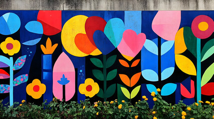 Vibrant Geometric Floral Mural Adds Cheerful Color to Urban Wall