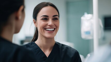 Wall Mural - A nurse in dark scrubs smiles as she communicates with a patient, fostering a compassionate environment in a medical facility aimed at comfort and care