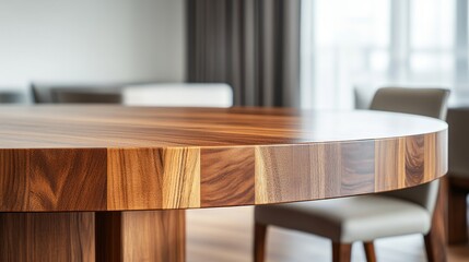 Poster - The elegant wooden dining table features smooth finishes and is set within a minimalist dining room. Soft natural light enhances the inviting atmosphere