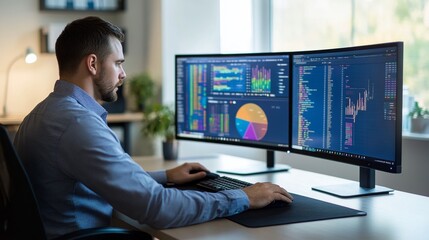 Poster - a man is intensely engaged in his work at a contemporary desk featuring three large computer monitor