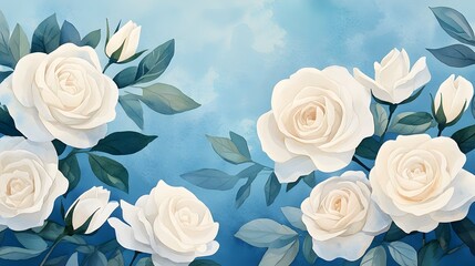 two white roses are painted on a blue background. the roses are the main focus of the image, and the