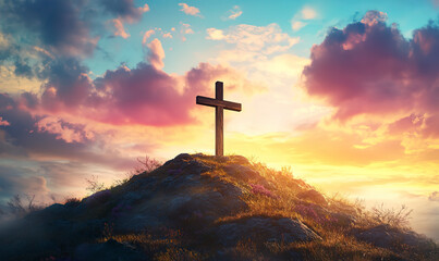 A cross on the hill with a sunset sky background, an Easter concept