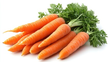 Wall Mural - Fresh, vibrant orange carrots with green leafy tops, isolated on a white background.