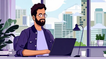 Poster - A man sits at a desk, focused on his laptop, while surrounded by plants and office items. The city skyline is visible through the large window under the daytime sky.