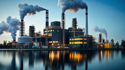 Poster - A modern industrial facility reflecting on calm waters at dusk with smoking chimneys and bright structures