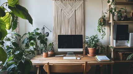 Poster - This cozy home office features a warm wooden desk surrounded by vibrant potted plants, creating an inviting atmosphere for productivity and inspiration