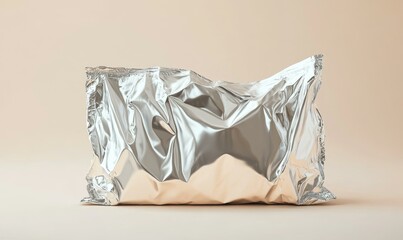 Canvas Print - Shiny silver foil pouch on beige background.