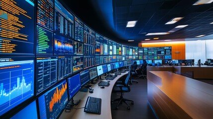 Poster - In a bustling network operations center, technicians monitor various screens filled with intricate data charts and security alerts, ensuring systems remain secure and efficient