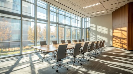 Poster - Natural light pours into a spacious conference room featuring a long wooden table surrounded by sleek, ergonomic chairs, perfect for business discussions