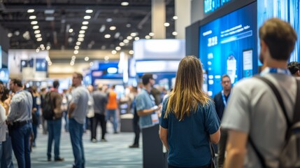 a vibrant tech expo buzzes with activity as attendees engage near information booths, exploring bann