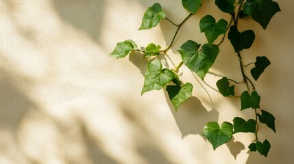 Poster - A green vine gracefully hangs against a neutral background, casting gentle shadows that enhance its natural beauty. The interplay of light and shadow creates a serene atmosphere