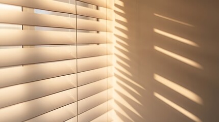 Poster - Sunlight filters through window blinds, creating soft shadows that dance on a beige wall. This tranquil scene evokes a peaceful morning mood in an indoor space