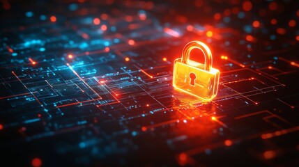 Poster - A glowing padlock icon hovers above a digital network grid, symbolizing cyber security. The grid is illuminated with blue and red lights, suggesting advanced technology