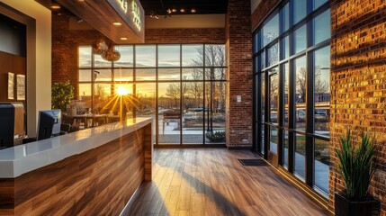 Poster - This contemporary dental clinic showcases a mix of brick and wood design elements, featuring large windows that capture the beautiful sunset, providing a warm atmosphere for patients