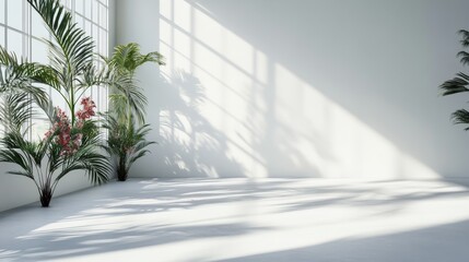 Poster - The bright studio features an empty white space where soft shadows of palm leaves and flowers create a tranquil and inviting ambiance, perfect for creative projects
