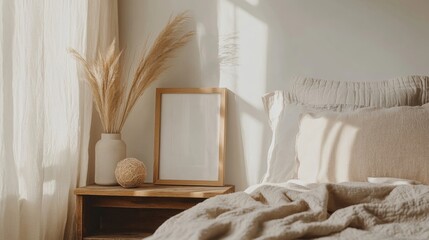 Poster - This serene boho-style bedroom features a vertical wooden picture frame on a bedside table, complemented by soft textiles, warm sunlight, and decorative elements