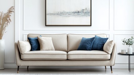 Poster - A spacious modern living room showcases a stylish beige fabric sofa with decorative cushions, complemented by minimalist decor and a large art piece above
