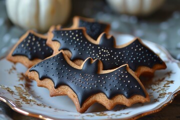 Bat-shaped halloween cookies lying on a plate