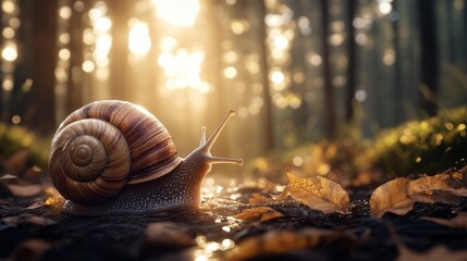 A snail in the forest, with the background blurred to make it look like the snail is close up.