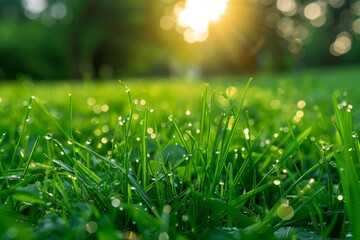 Fresh green grass shining in warm sunlight on a sunny spring day