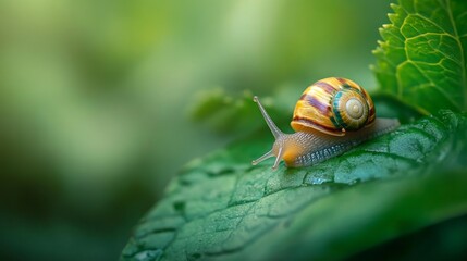 A tiny, colorful snail is crawling on a green leaf.