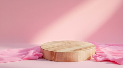 Aufkleber - Minimalist Pastel Pink Mockup with Wooden Podium and Soft Shadows in Bright Diffused Light