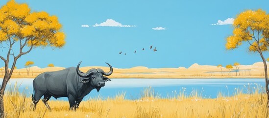 Asian buffalo in a savannah landscape with a serene lake and clear blue sky