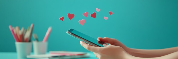 Poster - Hand holding a smartphone surrounded by colorful social media reactions, concept of online interaction and engagement.