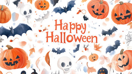 Colorful Halloween-themed art featuring pumpkins, skulls, bats, fall leaves, and cobwebs on a white background, capturing a festive and spooky atmosphere.