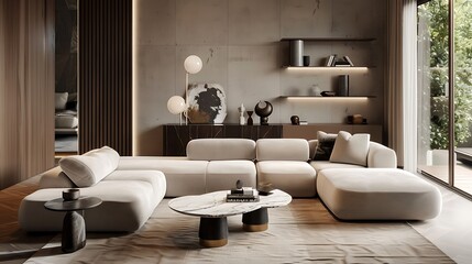 A sophisticated living room in beige hues, showcasing a stylish bionic sofa and a sleek marble table, all presented in realistic, high-definition detail