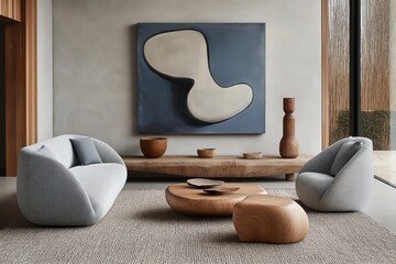 Wall Mural - A stylish living room featuring a grey sofas, wooden coffee tables, and abstract blue wall art. 