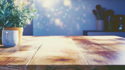 Aufkleber - Inviting Rustic Wooden Table in Sunlit Eco-Friendly Kitchen with Soft Warm Lighting and Earthy Tones